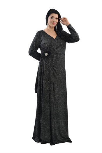 Büyük Beden Siyah Renkli Kruvaze Yaka Likralı Simli Abiye Elbise
