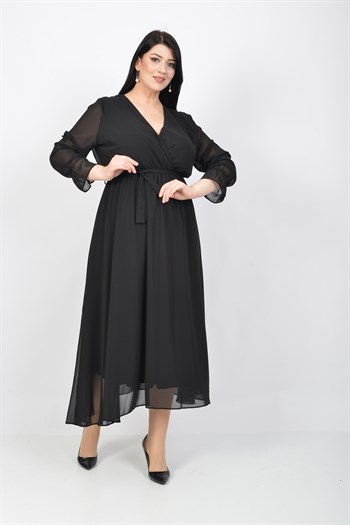 Büyük Beden Siyah Renkli Kruvaze Yaka Uzun Şifon Elbise