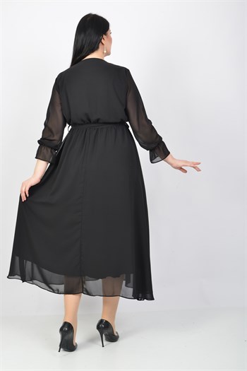 Büyük Beden Siyah Renkli Kruvaze Yaka Uzun Şifon Elbise