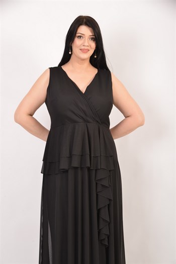 Büyük Beden Siyah Renkli Kruvaze Yaka Fırfırlı Likralı Tül Abiye Elbise