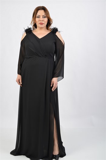 Büyük Beden Siyah Renkli Omzu Açık Şifon Uzun Abiye Elbise