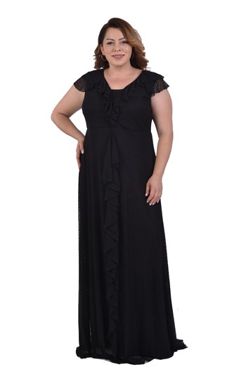 Büyük Beden Siyah Renkli Petek Tül Fırfırlı Elbise