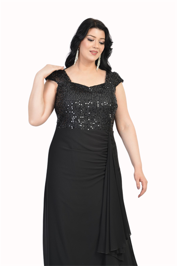 Büyük Beden Siyah Renkli Uzun Pul Payet Detaylı Şifon Elbise
