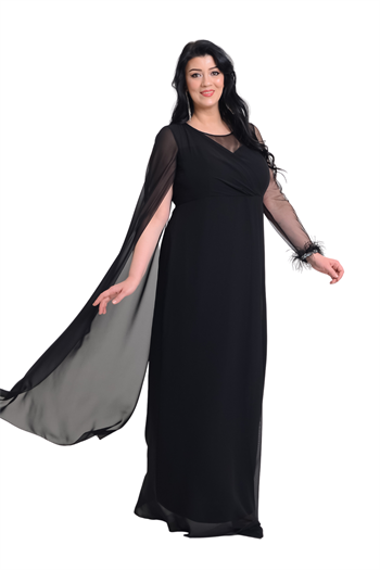 Büyük Beden Siyah Renkli Uzun Şifon Abiye Elbise