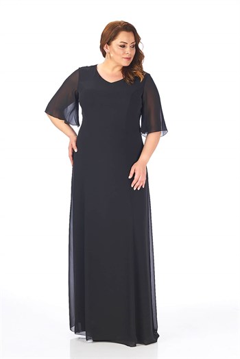 Büyük Beden Siyah Renkli Uzun Şifon Elbise