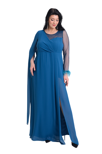 Büyük Beden Turkuaz Renkli Uzun Şifon Abiye Elbise