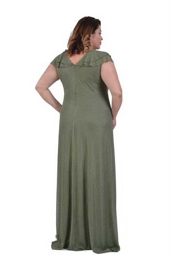 Büyük Beden Yeşil Renkli Petek Tül Fırfırlı Elbise