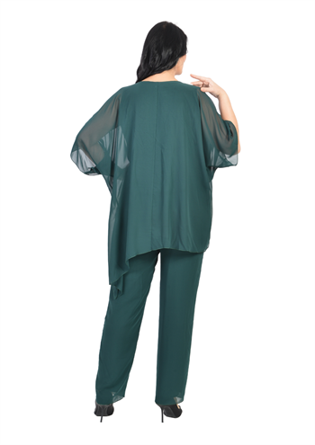 Büyük Beden Yeşil Renkli Şifon Ceketli Pantolon Bluz Takım