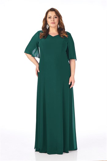 Büyük Beden Yeşil Renkli Uzun Şifon Elbise
