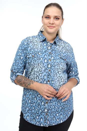 LEOPAR DESENLİ KOT GÖMLEK   MAVİ 