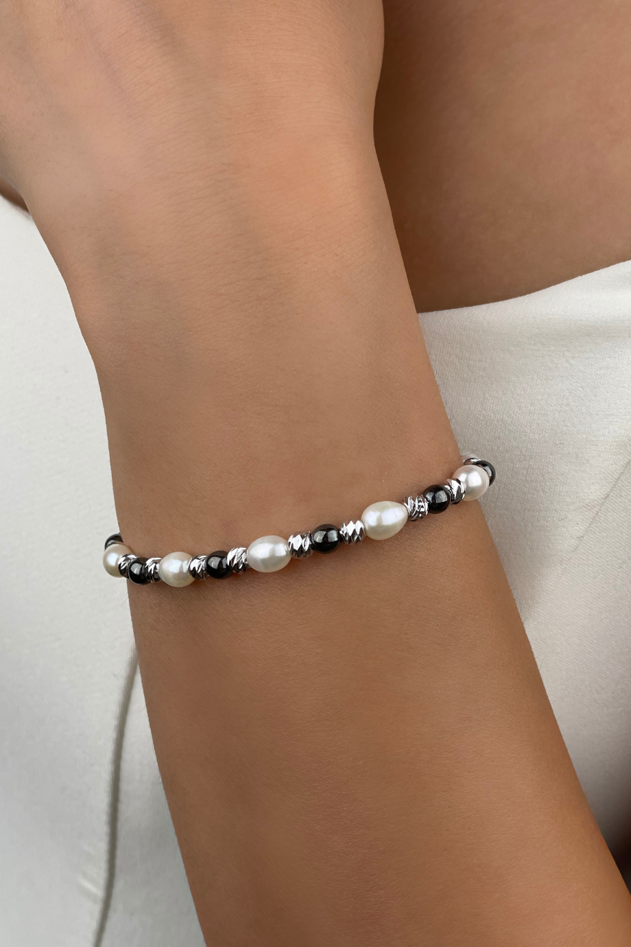 Gerçek İnci Gümüş Bileklik Hematit