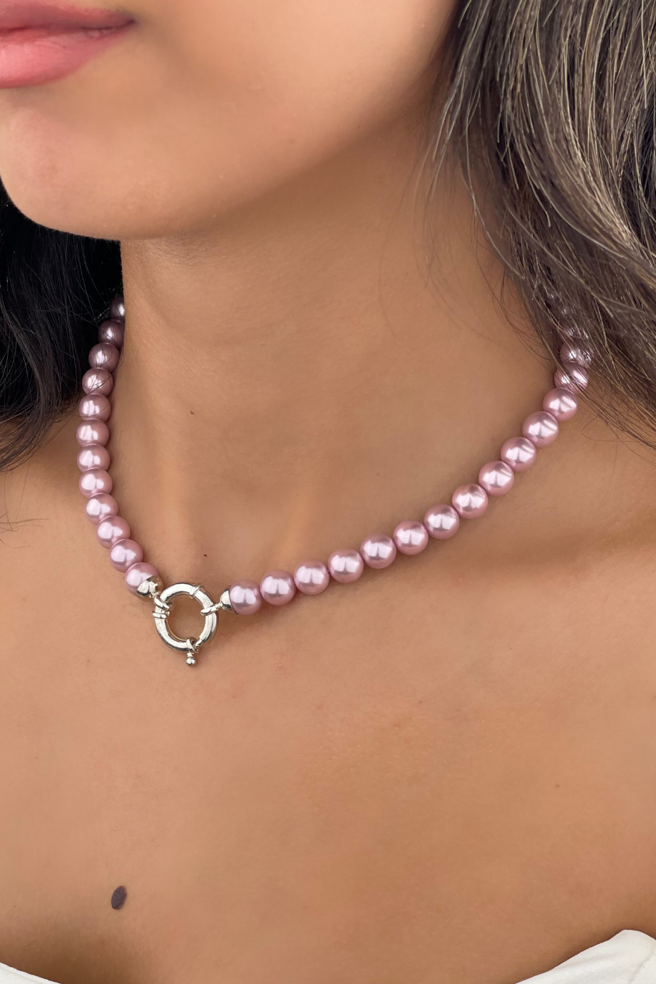 Pembe İnci Kolye Gümüş Gemici Kilit