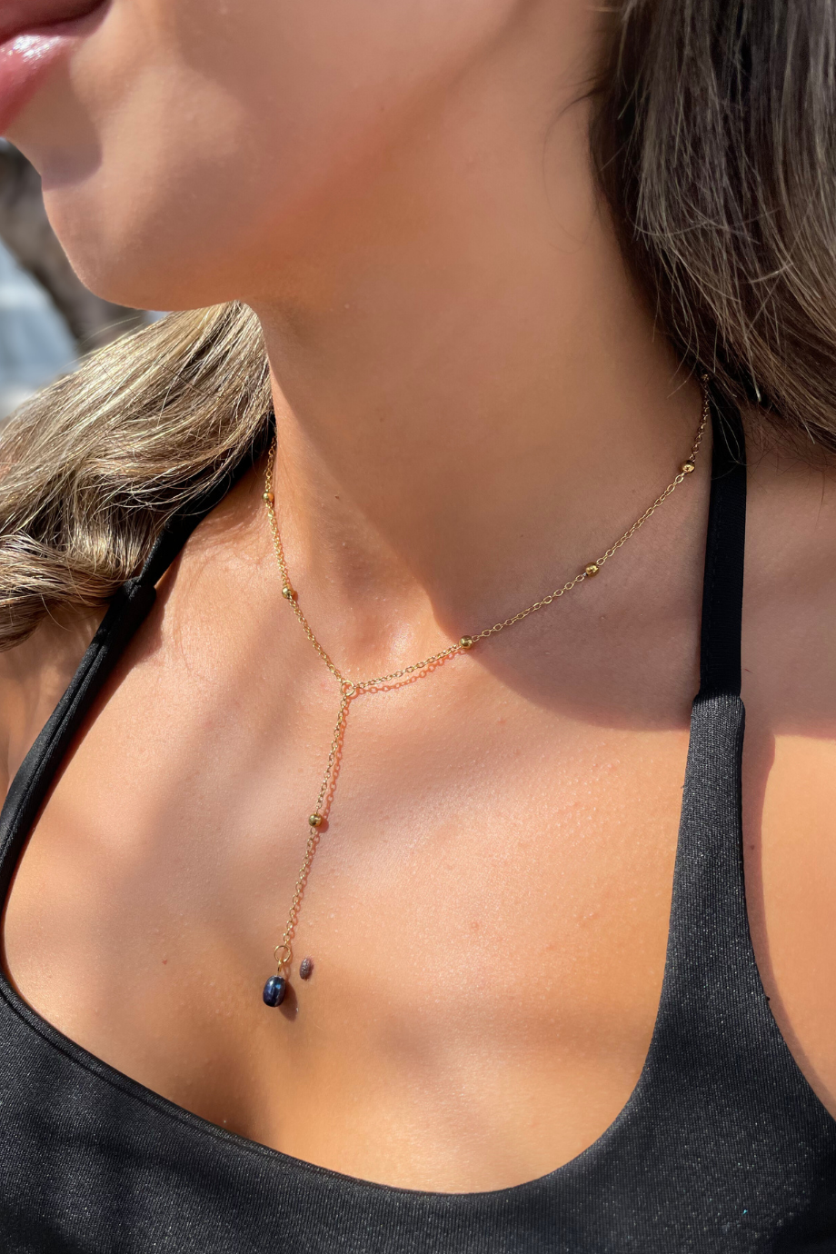 Siyah İncili Y Kolye - Gold