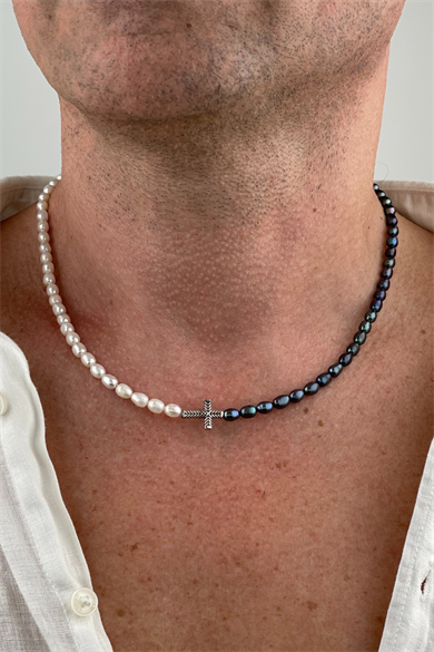 Erkek Gerçek Siyah İnci Haç Kolye