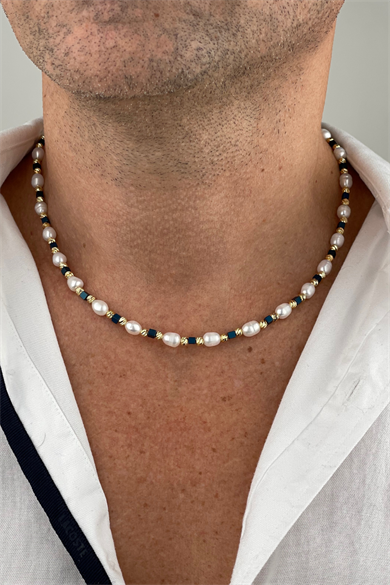 Gerçek İnci Erkek Kolye Hematitli Gold