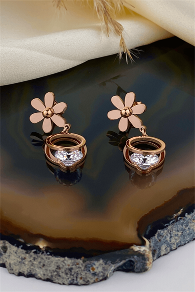 Taşlı Sallantılı Çiçek Küpe Bronz