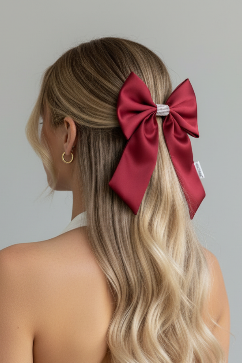 White Crystal Long Tail Bow Barrette Burgundy