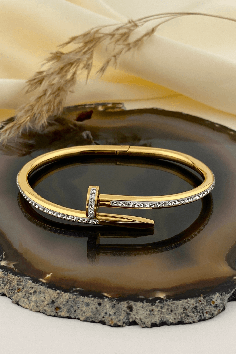 Nail Model Crystal Hinge Gold Bangle