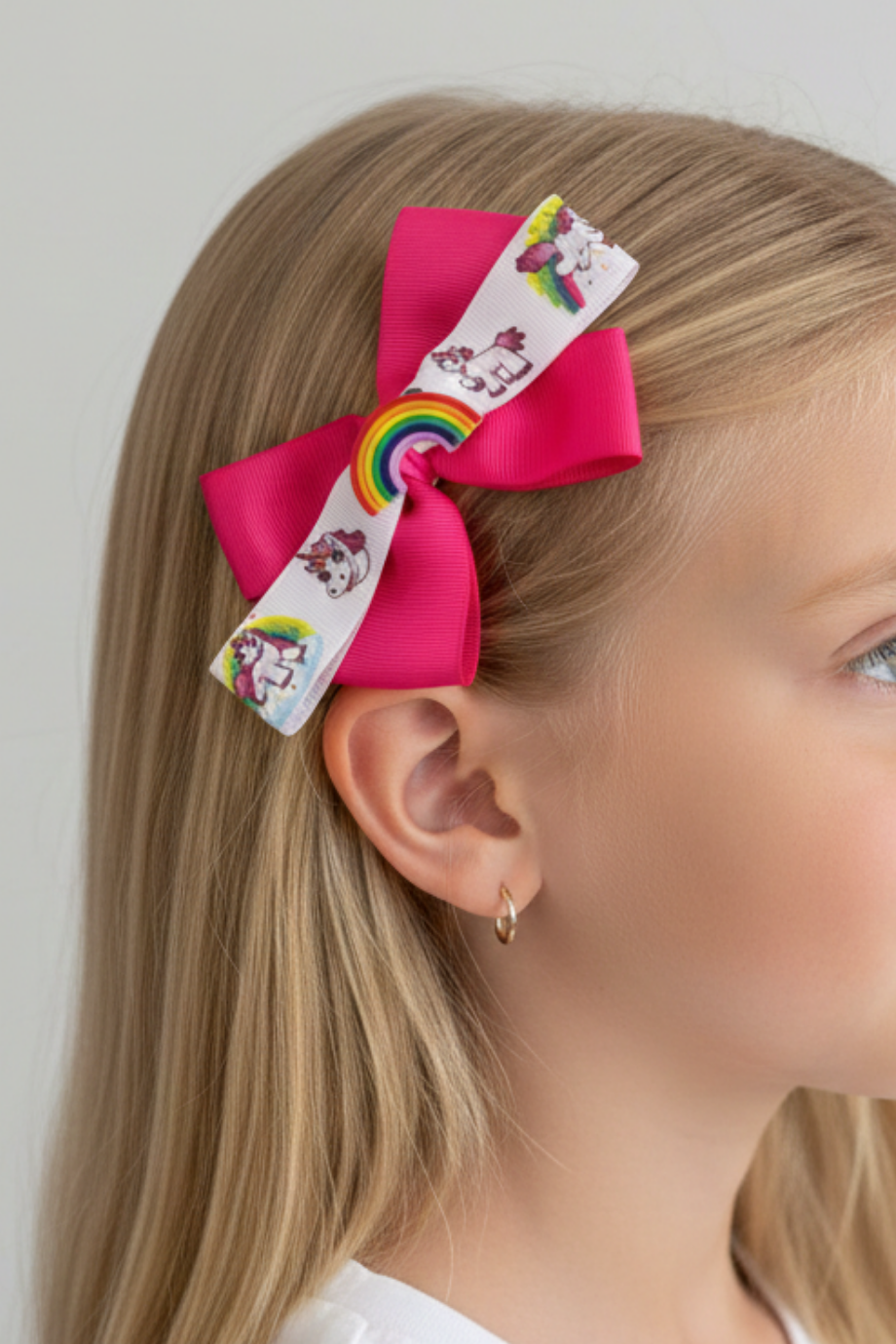 Macfame Rainbow Figured Grosgrain Kids Snap Snap (Automatic) Buckle Fuchsia