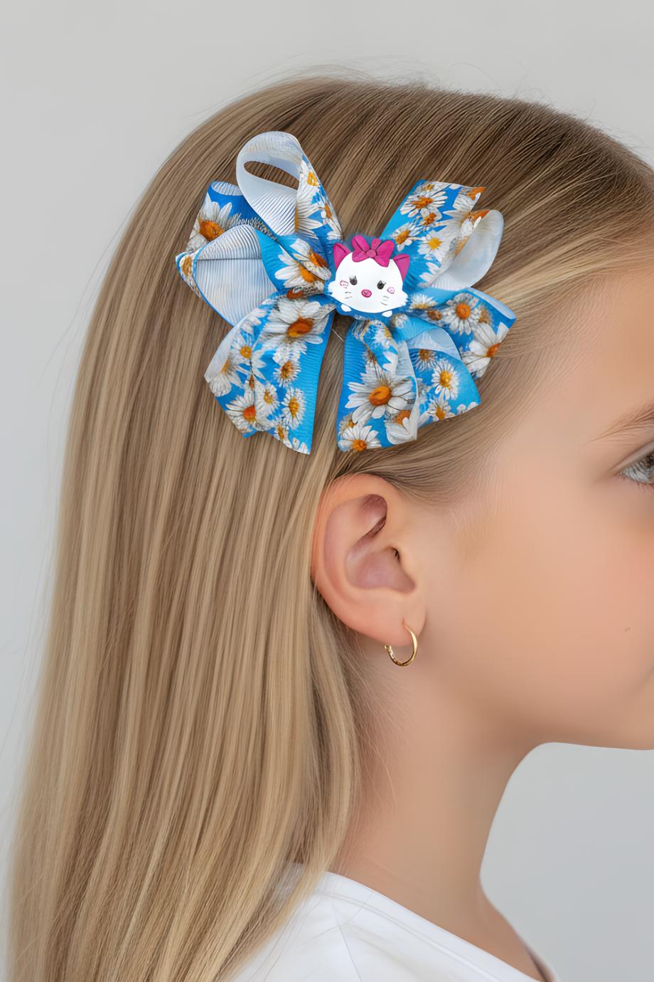 Macfame Cat Figure Patterned Grosgrain Ribbon Kids Snap (Automatic) Buckle Blue