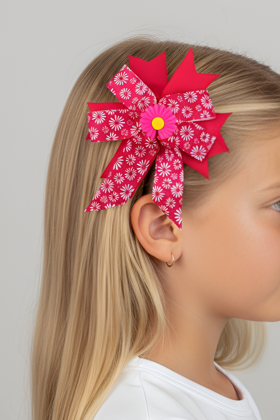 Macfame Grosgrain Ribbed Daisy Figured Child Snap Fastener (Automatic) Buckle Fuchsia