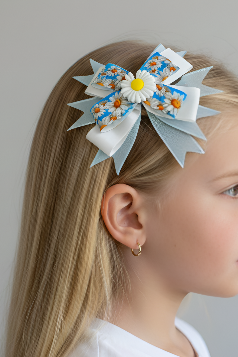 Macfame Daisy Figured Grosgrain Kids Snap Fastener (Automatic) Buckle Blue