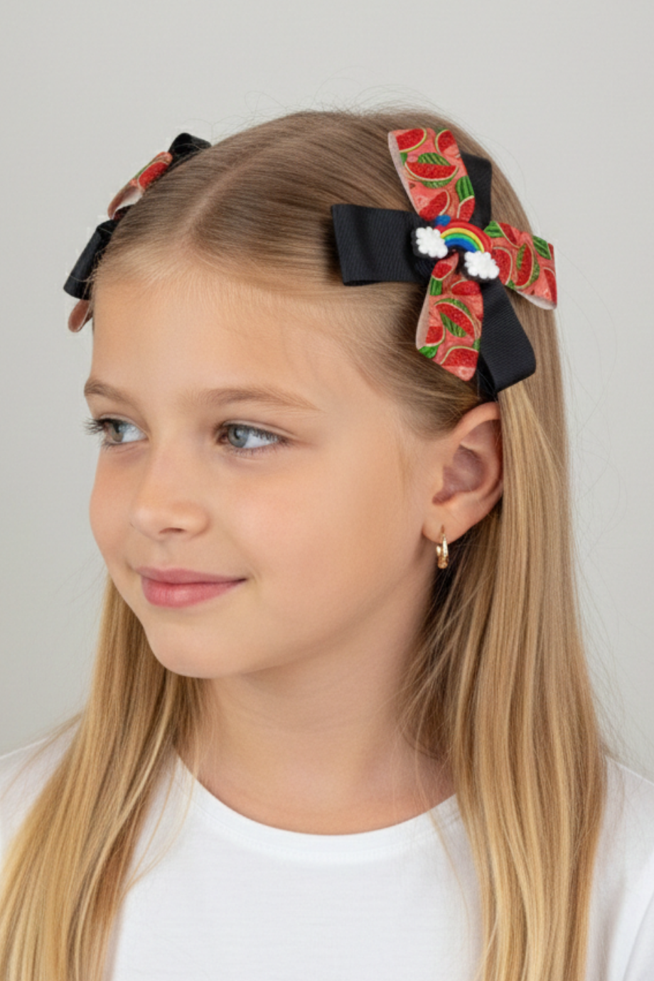 Macfame Grosgrain Ribbed Watermelon Pattern Side Buckle Set Black
