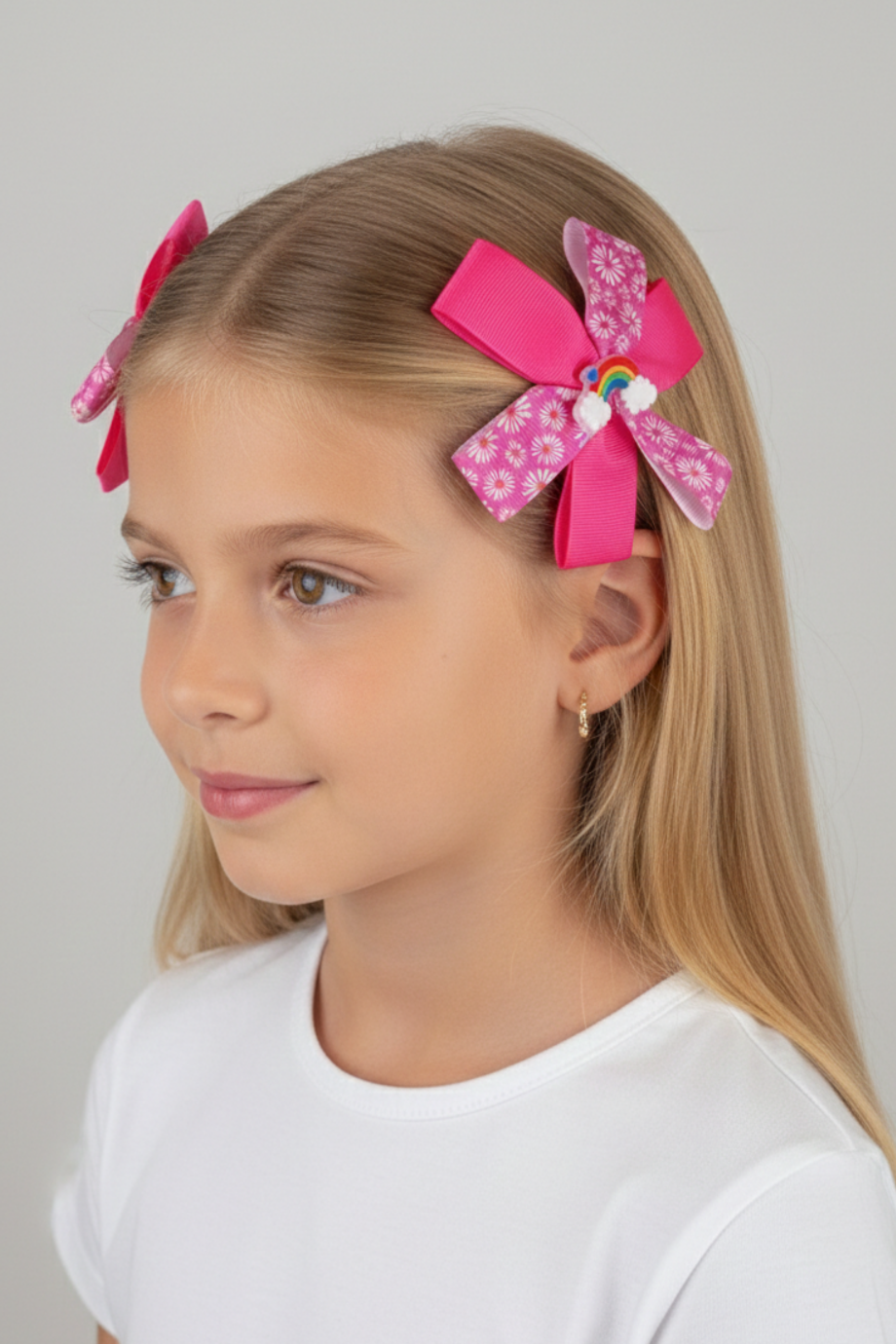 Macfame Grosgrain Ribbon Floral Pattern Side Buckle Set Pink