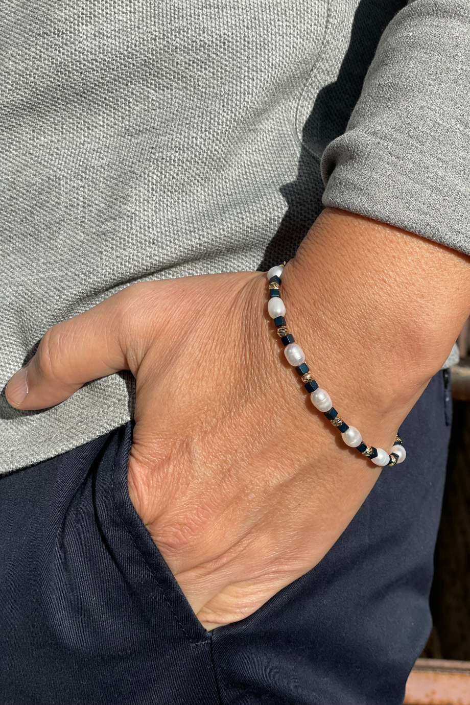 Mens Freshwater Pearl Silver Bracelet