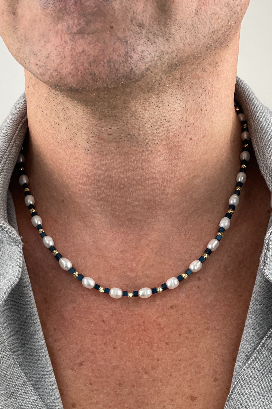 Freshwater Pearl Silver Necklace For Men | with Navy Blue Hematite