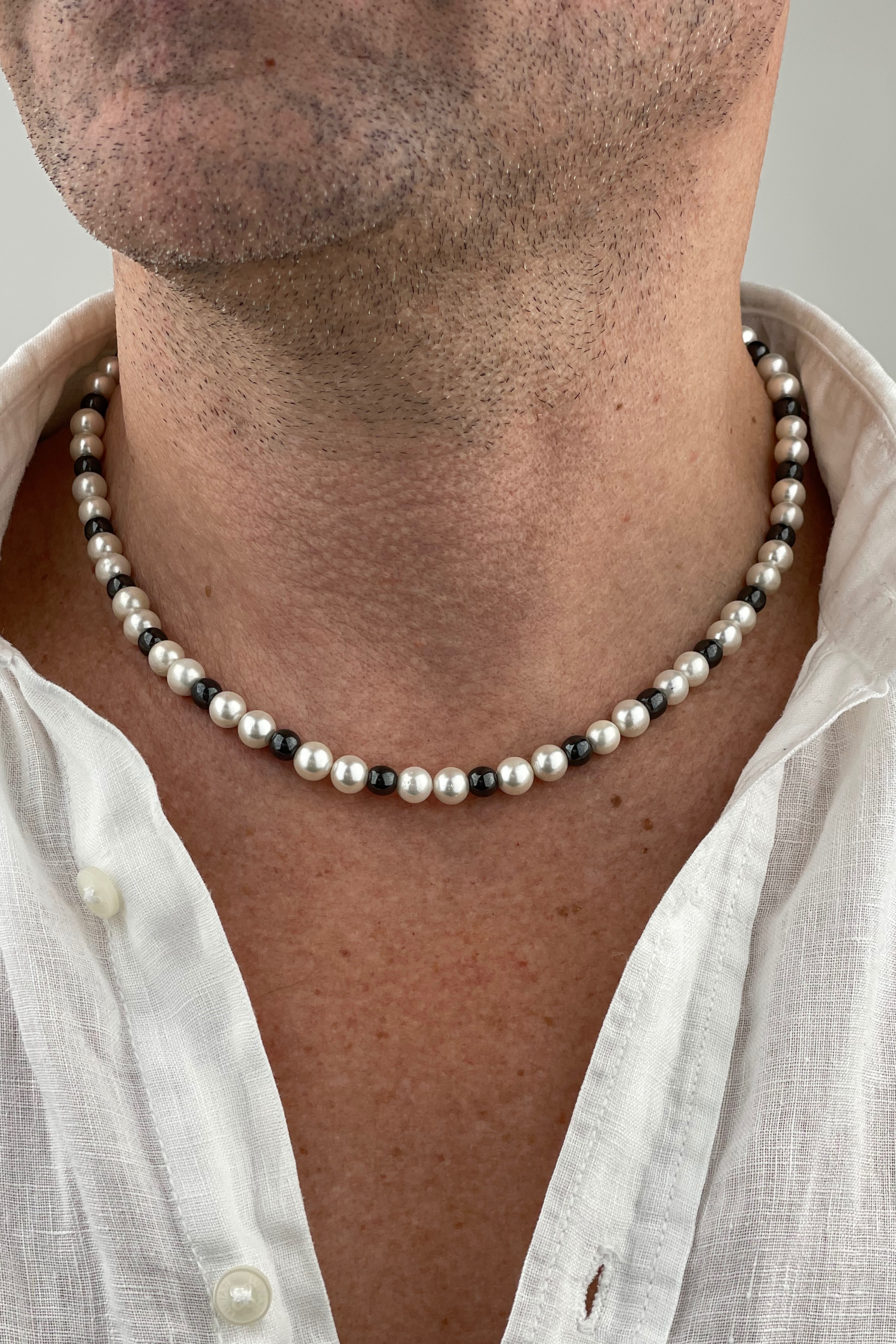 Erkek İnci Kolye Hematit Taşlı