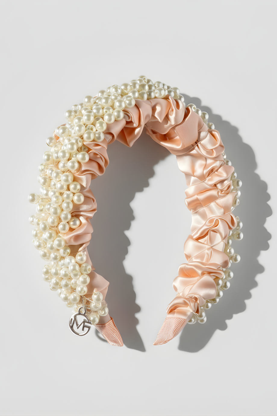 Bridal Pearl Embellished Satin Headband Salmon