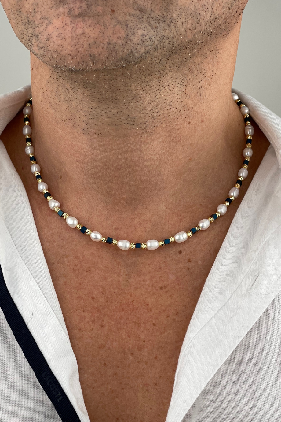 Gerçek İnci Erkek Kolye Hematitli Gold