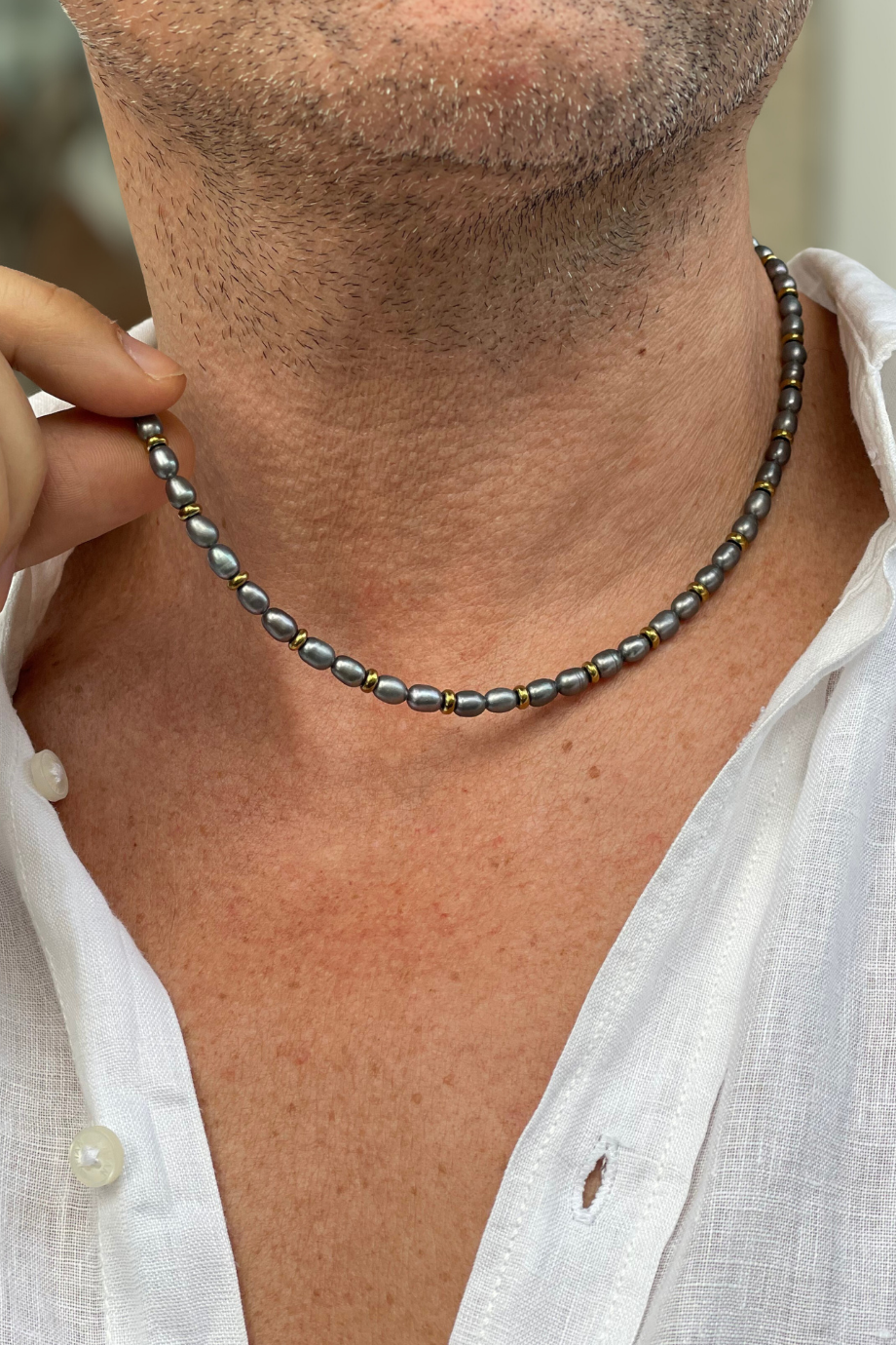 Gri İnci Erkek Kolye - Gold