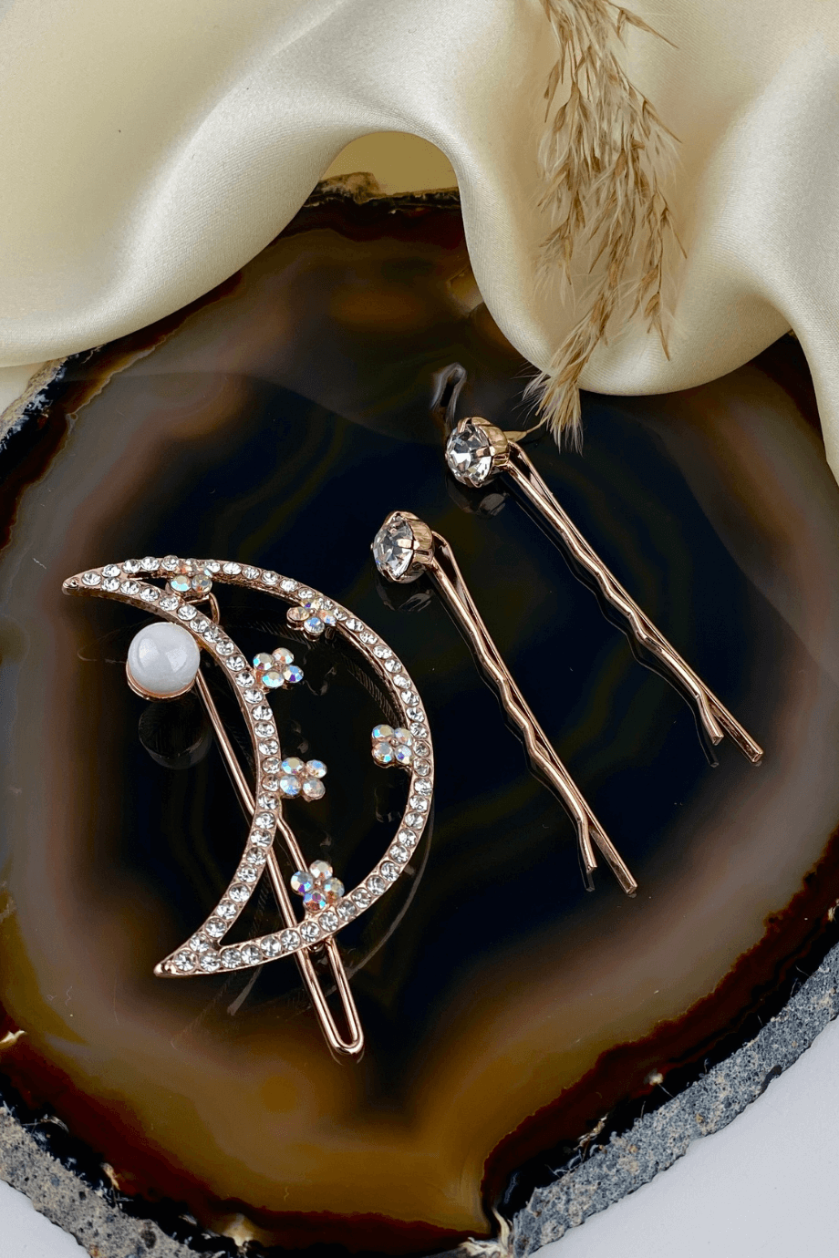 Moon Detail Rhinestone Hair Pin Rose (set of three)