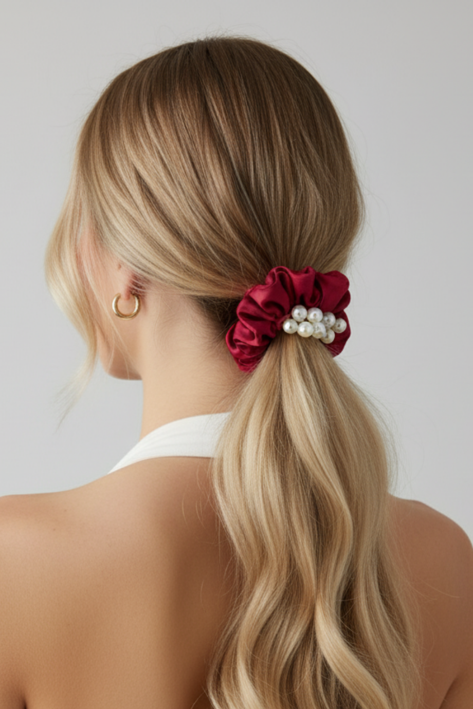 İncili Saten Scrunchie Toka Çeşitleri Bordo