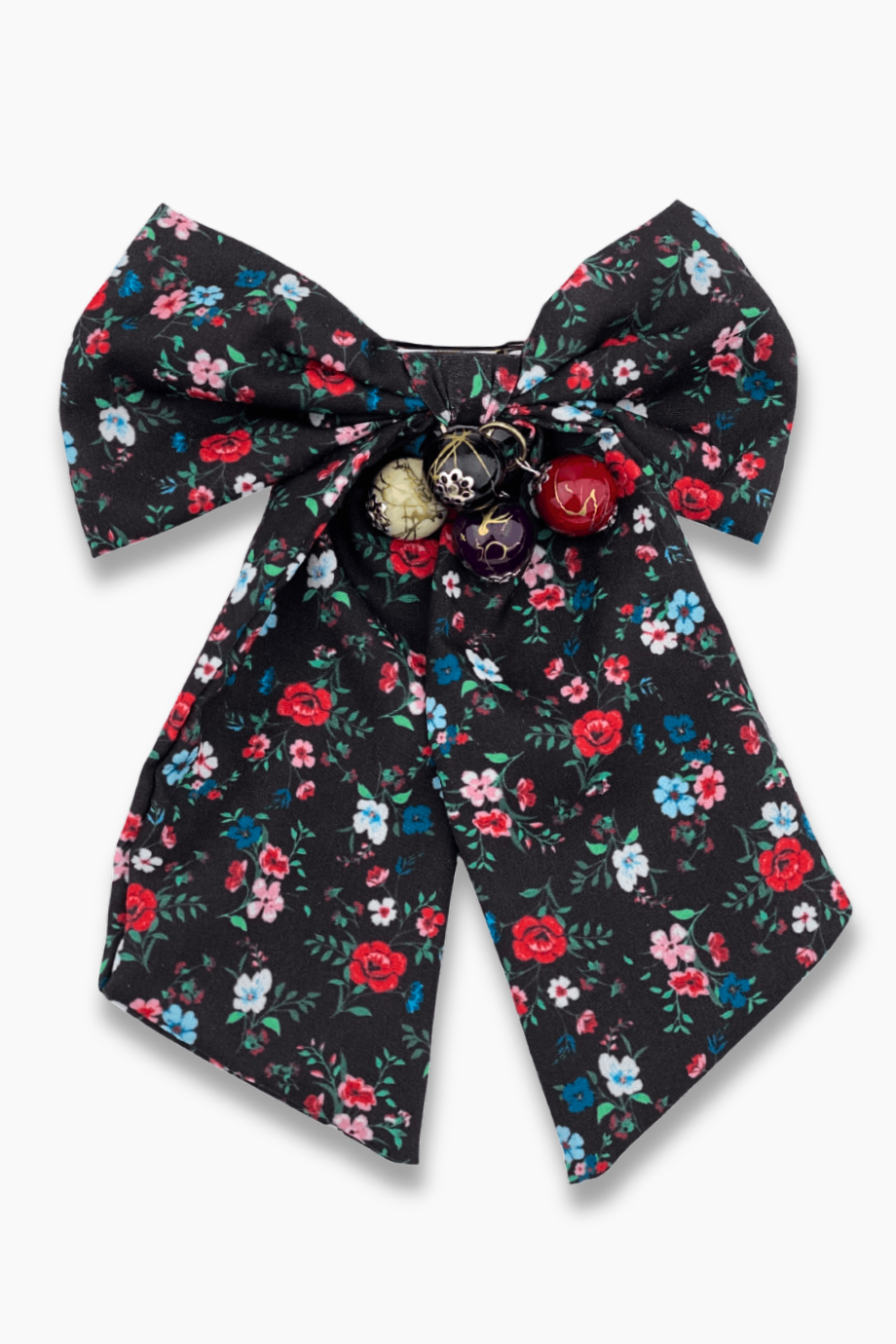 Beaded Red Floral Print Bow Barrette Black