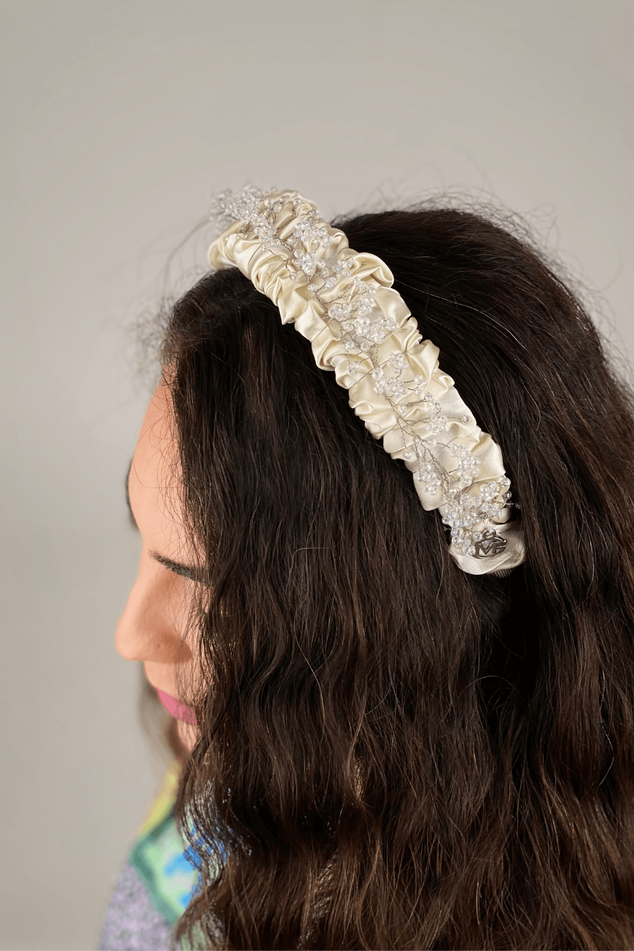 Small Crystal Embellished Bridal Headband Ecru