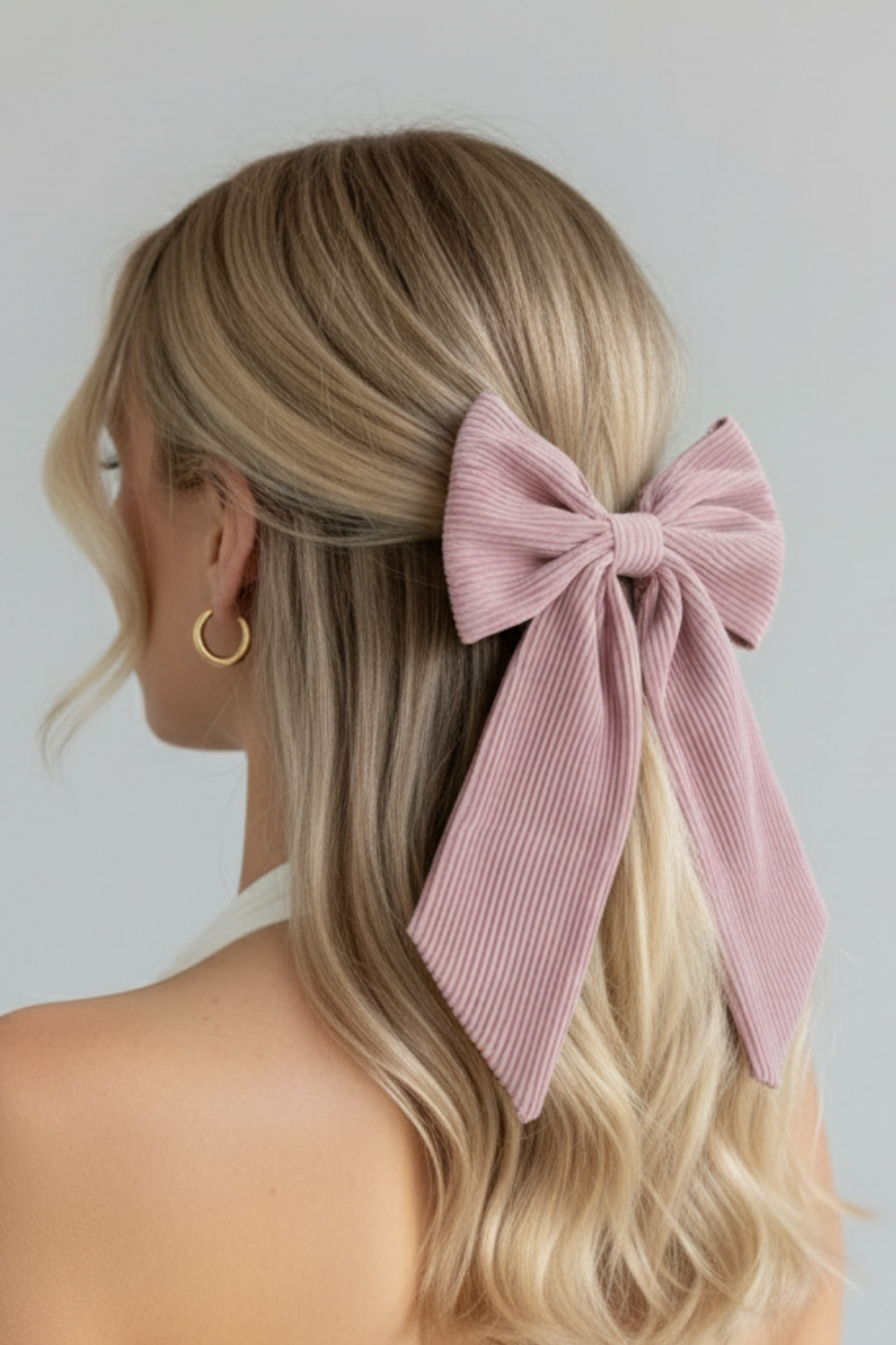 Powder Long Tail Pleated Bow Barrette