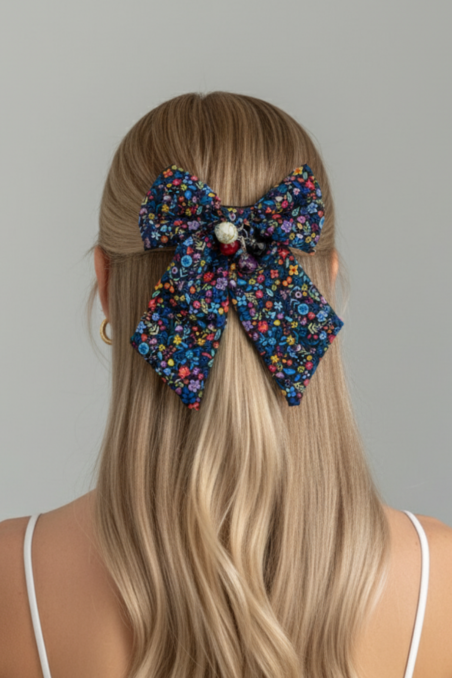 Beaded Floral Print Bow Barrette Navy Blue