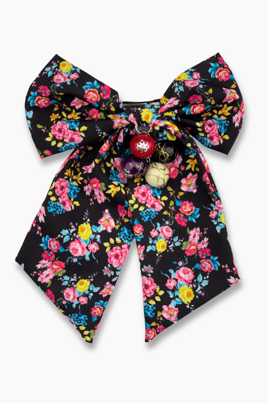 Beaded Pink Floral Print Bow Barrette Black