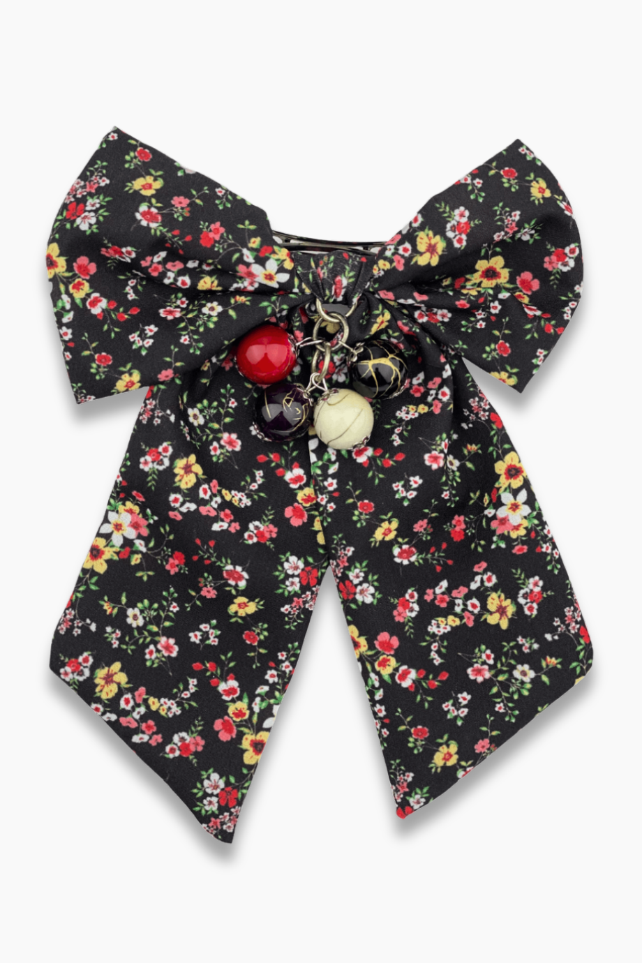 Beaded Yellow Floral Print Bow Barrette Black