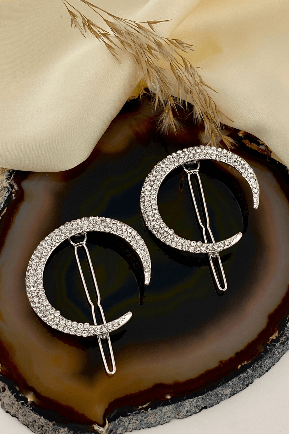 Moon Detail Rhinestone Silver Hair Pin (set of two)