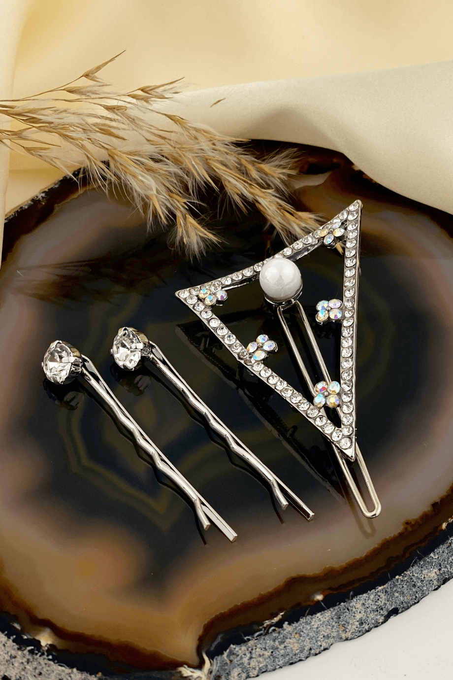 Rhinestone-Embellished Hair Pin Silver (set of three) - Tokasepeti