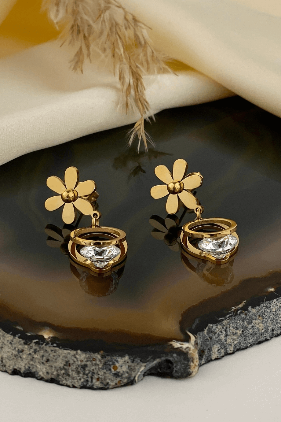 Crystal Daisy Dangle Earrings Gold
