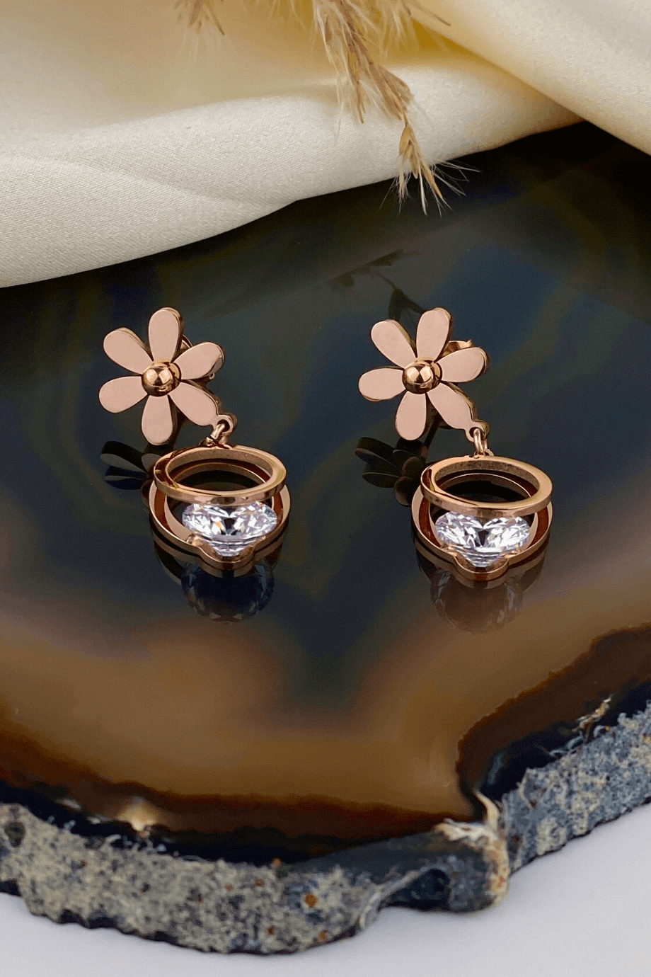 Crystal Daisy Dangle Earrings Bronze