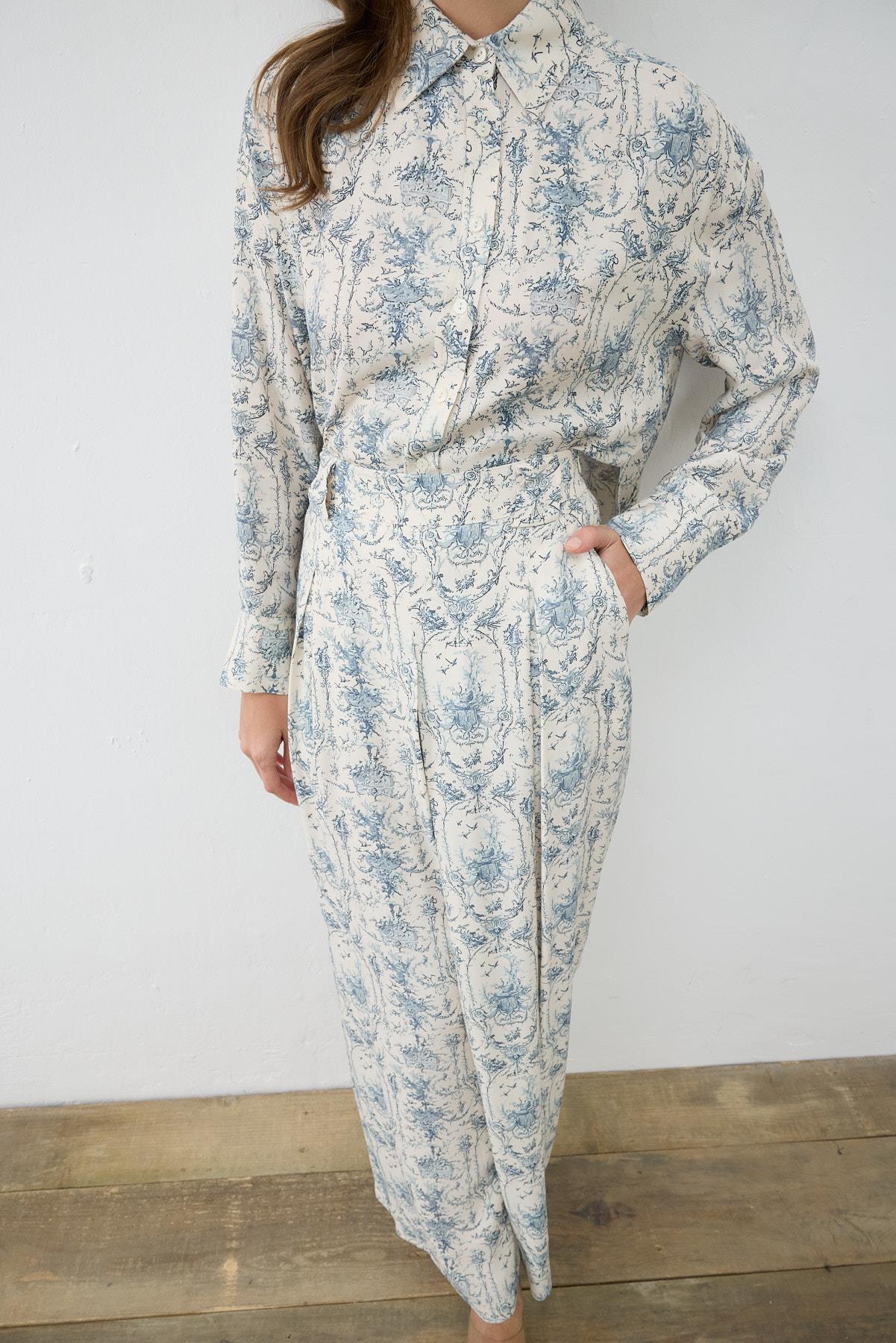 BLANC DESENLİ RAYON VİSKON PİLELİ PANTOLONLU TAKIM BEBE MAVİ