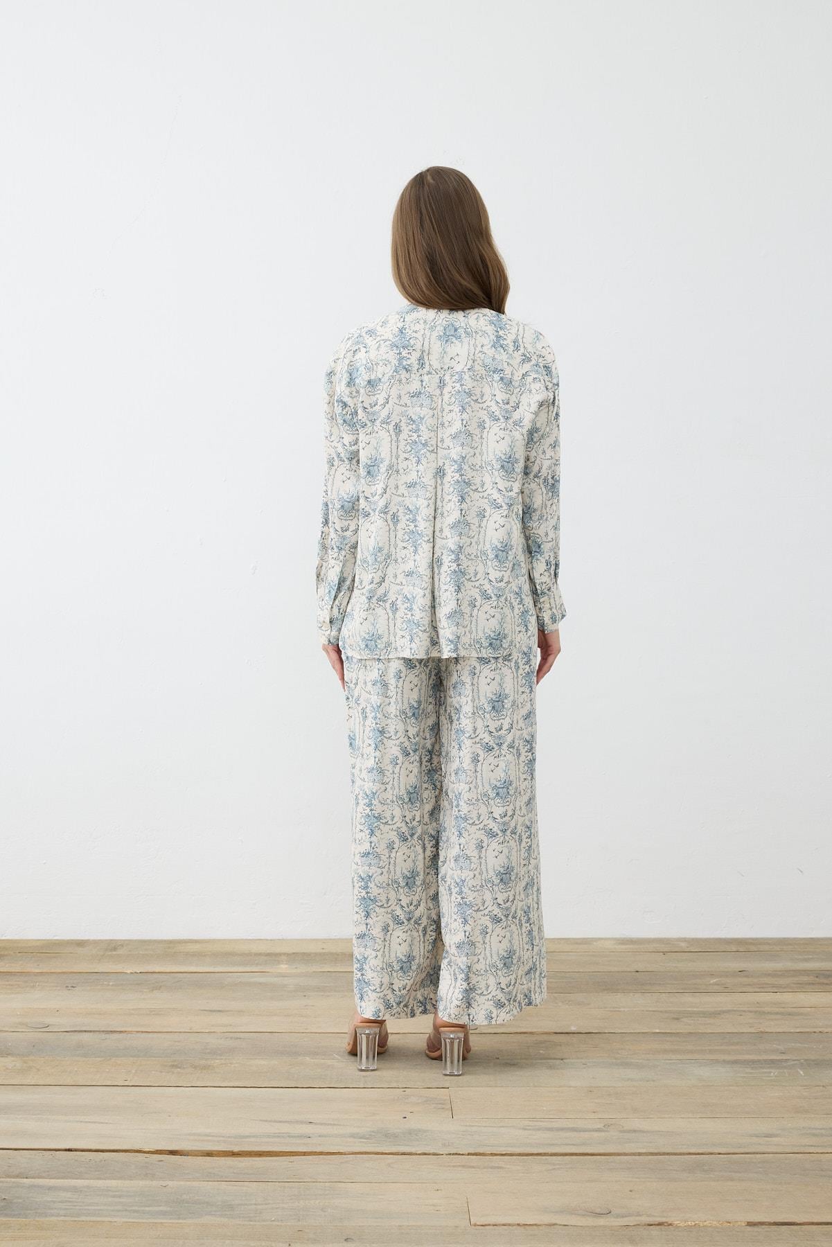 BLANC DESENLİ RAYON VİSKON PİLELİ PANTOLONLU TAKIM BEBE MAVİ