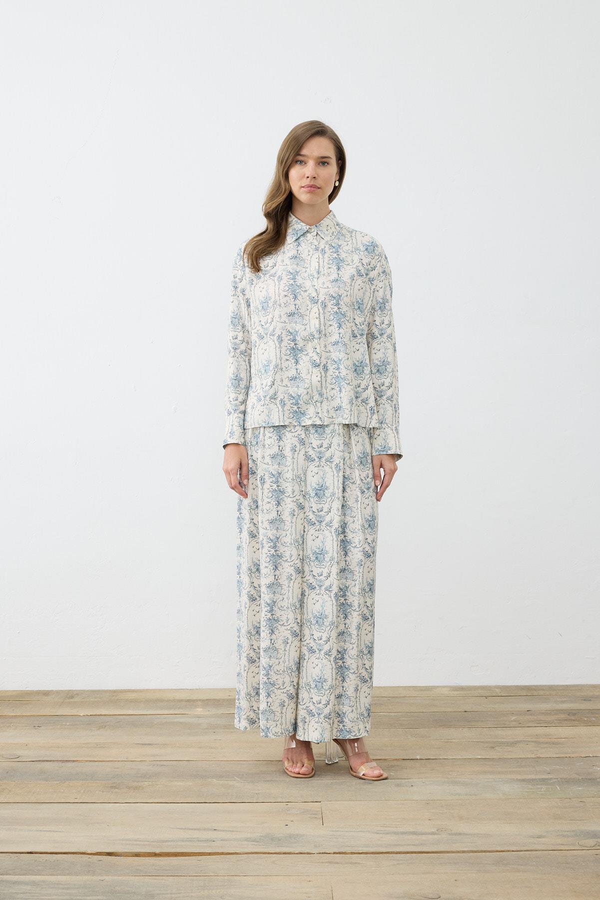 BLANC DESENLİ RAYON VİSKON PİLELİ PANTOLONLU TAKIM BEBE MAVİ
