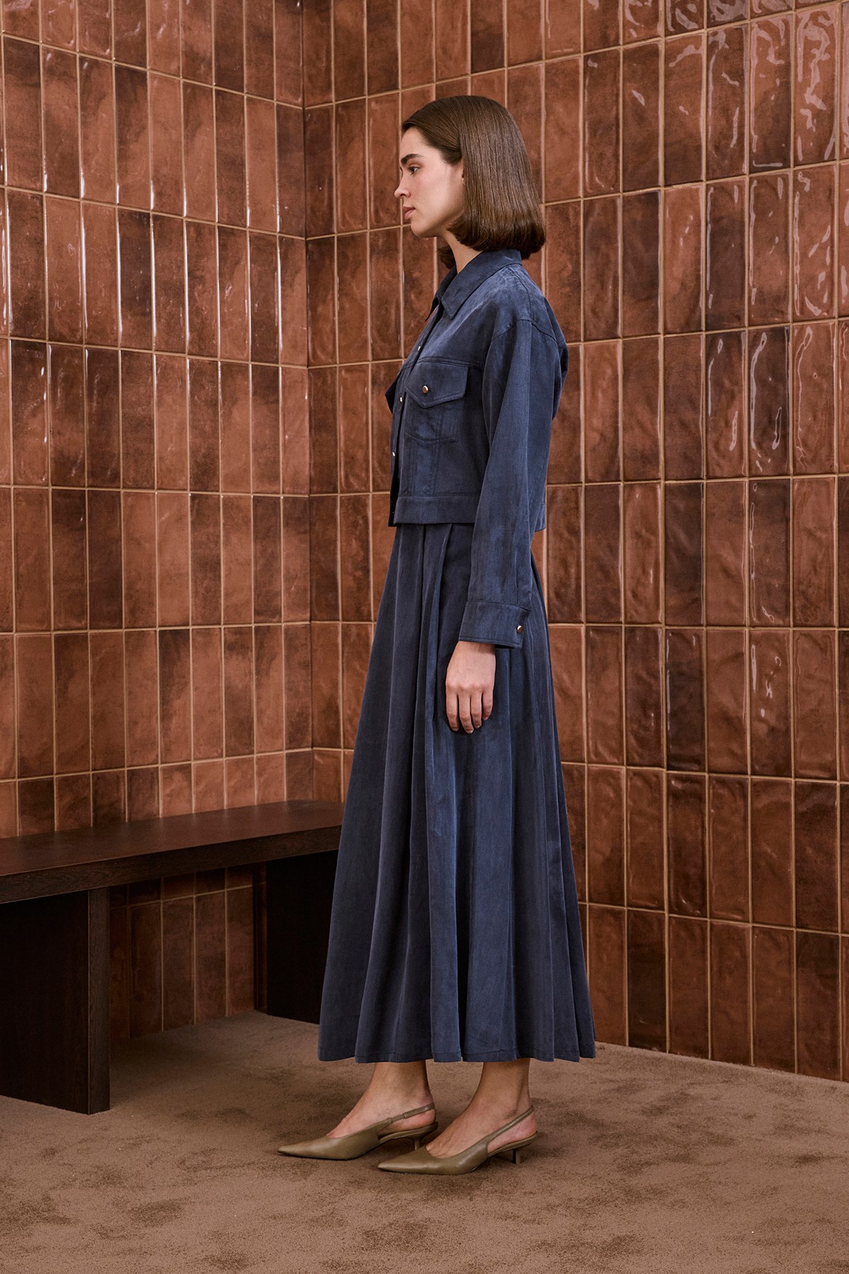 CARMEN LYOCELL JACKET SKIRT SET NAVY BLUE